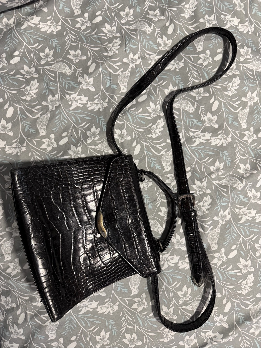 Ralph Lauren Black Croc-Embossed Crossbody Bag